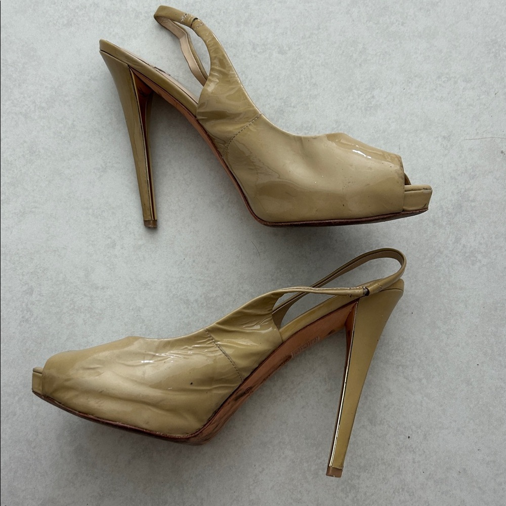 Marciano Olive/Tan Patent Peep-Toe Slingback Heels